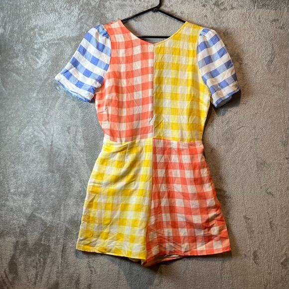 Farm Rio Colorblock Gingham Contrast Romper Size Small Linen Blend Yellow Orange - Picture 1 of 7